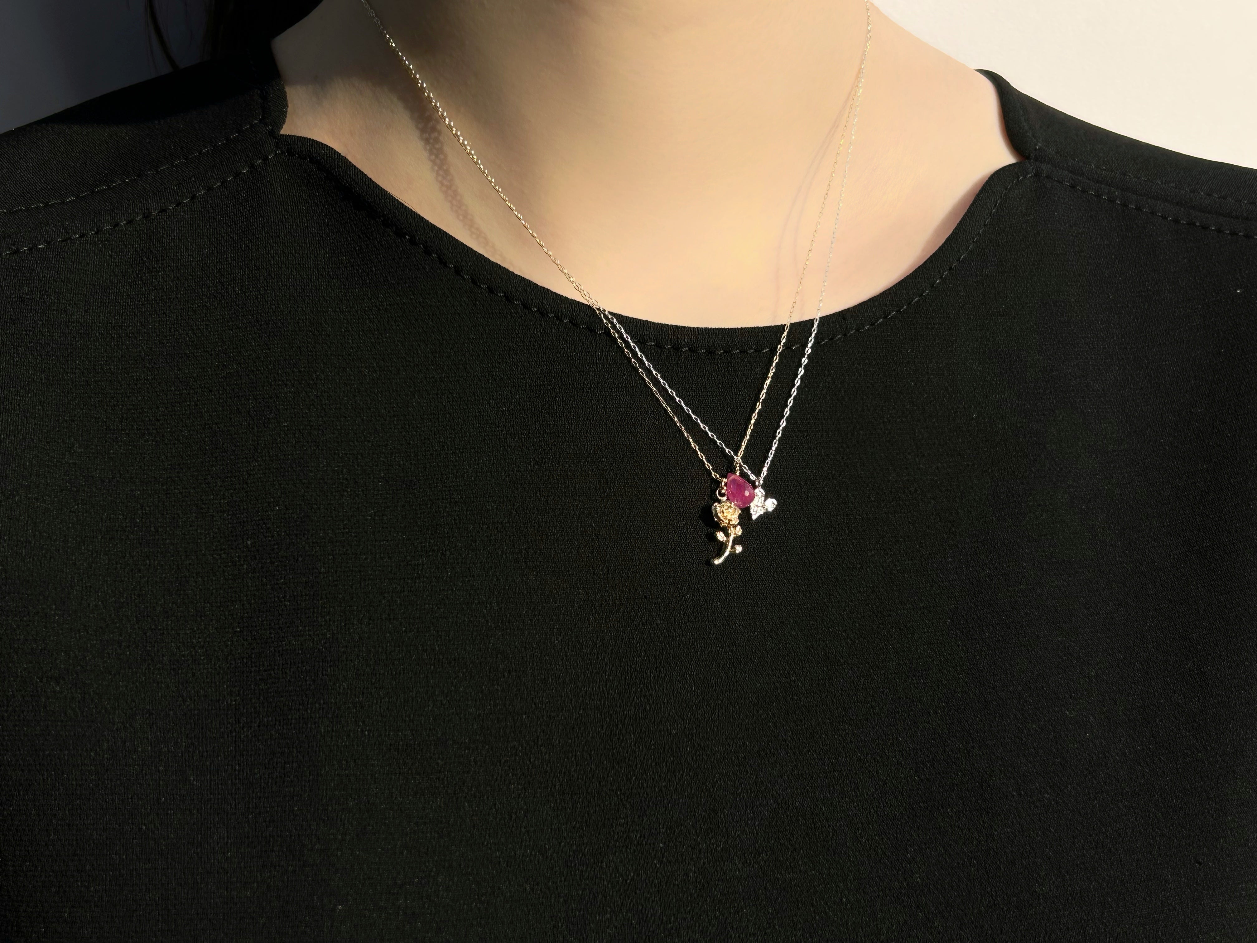 ナチュラルストーンネックレス【K18チェーン】／ピンクルビー（チャーム選択可）