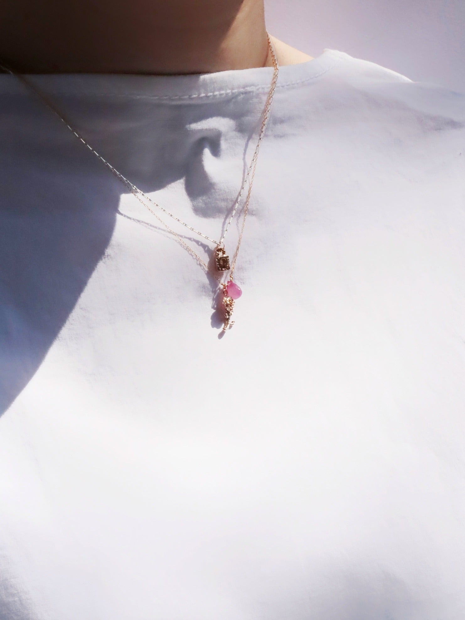 ナチュラルストーンネックレス【K18チェーン】／ピンクルビー（チャーム選択可）