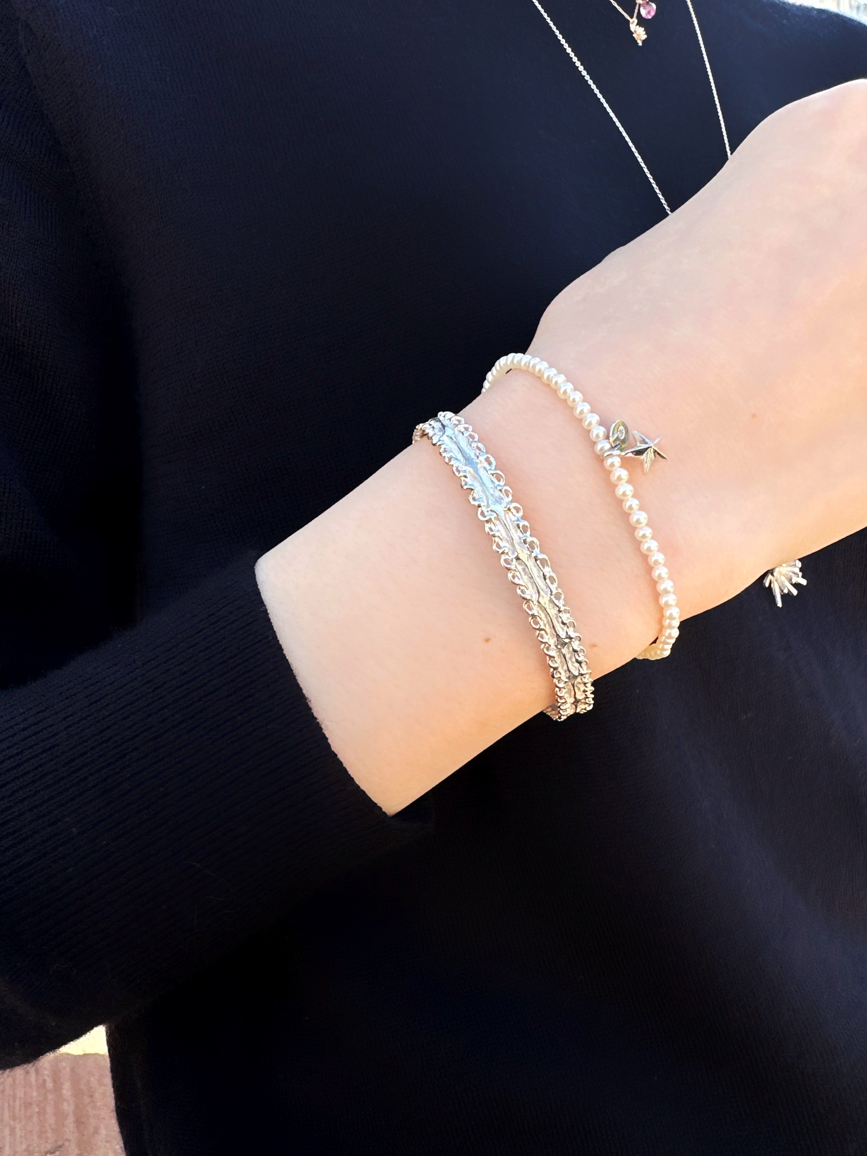 星付き天然石ブレスレット／シルバー／パール